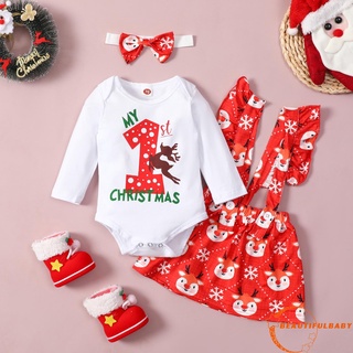 B:B: baby My First Christmas Outfits, manga larga letra ciervo impresión mameluco + falda liguero + conjunto de diadema