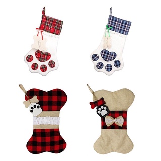 Decoraciones de navidad calcetines de navidad bolsa de perro a cuadros de navidad hueso pata de tela calcetines calcetines Q2B5