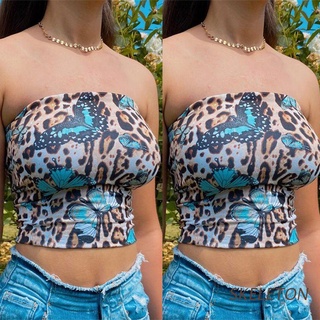 SKELETON Women Boho Butterfly Leopard Print Crop Tube Top Sexy Strapless Wrapped Chest Bandeau Off Shoulder Harajuku Bustier Summer Party Clubwear