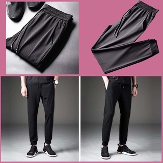Hombres negro hielo seda pantalones Casual pantalones negro fresco transpirable pantalones
