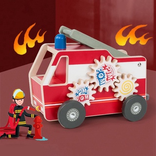 camión de bomberos de madera tractor con engranaje juguetes niños colorido bombero pretender juguete rompecabezas juguetes de aprendizaje