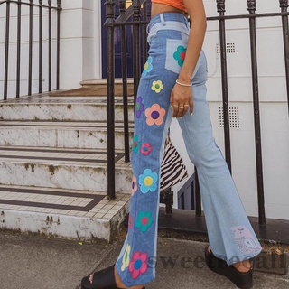 Swt-Ys-Mujer ancho pierna llamarada Jeans, cintura alta Floral bordado bloque de Color suelto pantalones de mezclilla