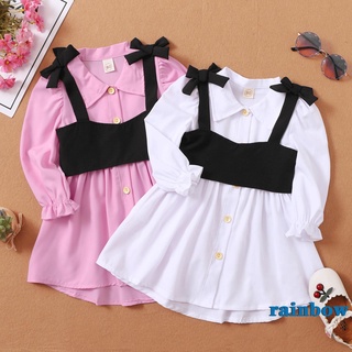 Rainbow-girls Casual conjunto de ropa de dos piezas, Color sólido vestido con cuello y chaleco negro, blanco/rosa