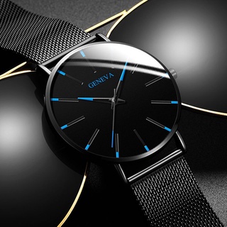 Listo STOCK Geneva reloj minimalista hombres Ultra delgado acero inoxidable correa de malla relojes hombre negocios Casual cuarzo relojes de pulsera