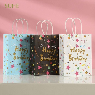 SUHE embalaje de regalo bolsas de papel impreso patrón de dibujos animados feliz cumpleaños niños niño niña niños favores bebé ducha globo papel Kraft bolso de caramelo bolsa