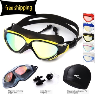Gafas de natación para hombres y mujeres miopía antiniebla gafas de natación adultos niños con tapones para los oídos marco grande galvanizada gafas de natación conjunto de gorro