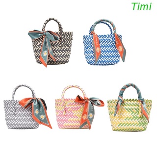 Timi cesta bolsa de moda bolsas de embrague con patrón de cinta colorida tejida a mano bolsas foto accesorios verano vacaciones piscina bolsa