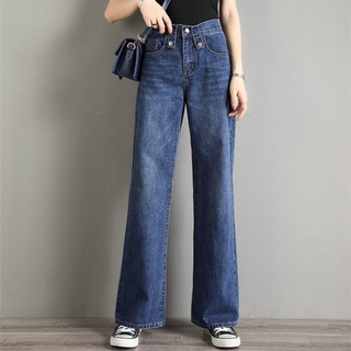 Elástico de cintura alta Jeans de las mujeres [Casual Retro ancho de la pierna pantalones vaqueros de mezclilla Palazo suelto recto pantalones largos Jeans