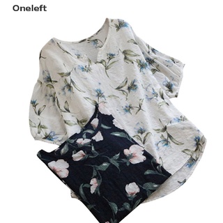 Oneleft más el tamaño de las mujeres de lino de algodón Floral Tops de las señoras de verano holgado camisetas blusa mi (1)