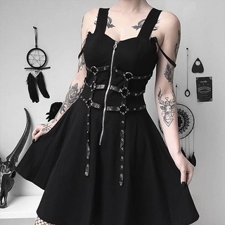 Women Black Zipper Pleated Strap Dress Gothic Street Punk Wind Cosplay Dress