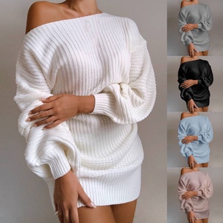 suéter vestido de un hombro de punto por encima de la rodilla linterna manga mini vestido para citas