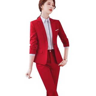 Oficina señoras Formal de negocios ropa de trabajo pantalón traje de las mujeres rojo negro gris azul manga larga clásico sólido delgado dos piezas conjunto Blazer