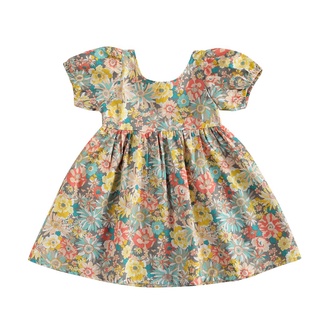 ✿Rbaby vestido de manga corta con estampado de flores, correa cruzada decoración de espalda fresco hueco diseño ropa de verano