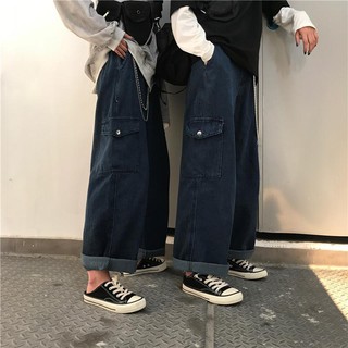 Primavera y otoño nueva versión de Harajuku suelto suelto de piernas anchas de piernas rectas de fregamiento viejo jeans hombres y mujeres ins marea
