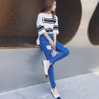 [0824] High Waist Jeans Slim Tight Straight Trousers Hole Pants Woman Fashion Jeans