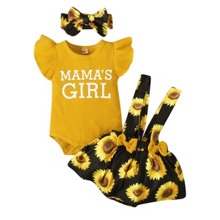 Newborn Infant Baby Girls Letter Tops+Sunflower Suspender Skirts+Headbands Sets