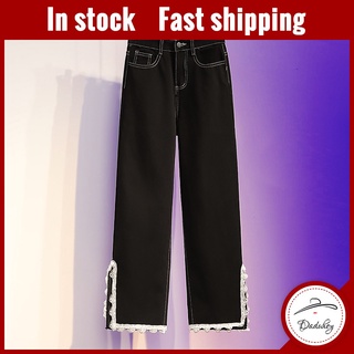 daduhey split mop jeans mujer cintura alta pierna ancha recta todo-partido negro pantalones