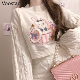 Conjunto de falda de estilo Lolita para mujer, conjunto de 2 piezas de faldas tipo suéter con bordado de conejo, estilo japonés, para Otoño e Invierno (2)