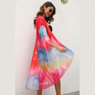 KALEN Womens Summer 3/4 Sleeves Mesh Kimono Cardigan Irregular Rainbow Tie-Dye Print Open Front Swimsuit Cover Up Flowy Loose Beachwear (8)