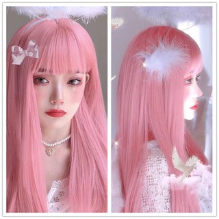 Las Mujeres Peluca Flequillo Largo Liso Rosa Cabello Humano Peinado Realista Completa Tocado Esponjoso Cosplay Anime (1)