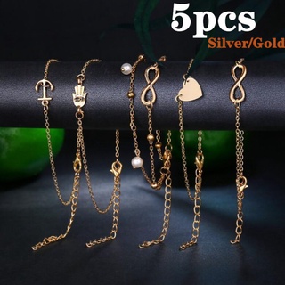 5pcs/set Heart Infinite Anchor Anklets Set Sterling Silver Gold Multi Layer Foot Chain Charm Jewelry Gift For Women
