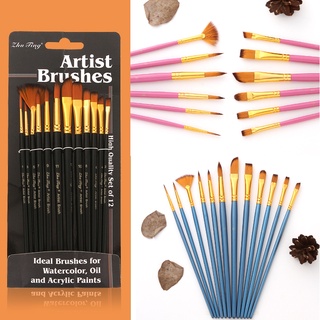 12pcs/set Nylon Paint Brush Set Professional Artists Watercolor Acrylic Wooden Handle Painting Brushes Art Supplies