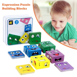 Gift Surprise Wooden Building Blocks Geometric Cube Face Changing Funny Expression Puzzle Game Toys