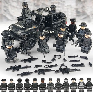 12pcs fuerza especial mini figuras con jeep armas swat niños juguete educativo lego ejército juguetes