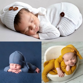 Bebé recién nacido fotografía Prop pie mameluco botón mono conjunto de sombrero/bebés