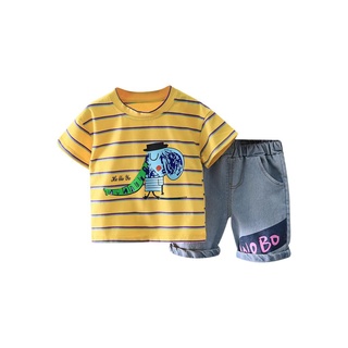 Ns-Baby Boy 2 piezas conjunto de ropa, elegante impresión de dibujos animados camiseta a rayas + pantalones cortos de mezclilla verano trajes conjunto