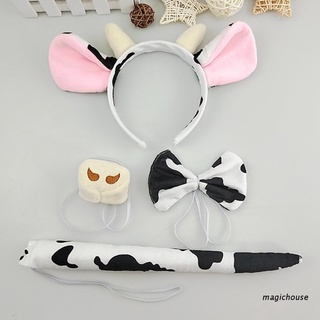 magichouse Kids 4Pcs Cartoon Animal Cosplay Accessories Set Cow Ears Headband with Plush Tail Bow Tie Nose Halloween Party Props