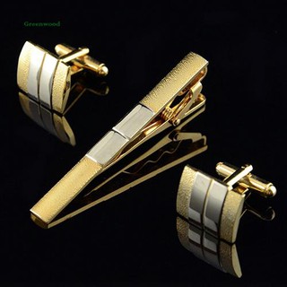 GR_Men's esmerilado plata chapado en oro gemelos lazo barra de cierre Clip conjunto de regalo de negocios