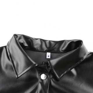 las señoras de la moda cardigan botón de manga larga de color sólido camisa de cuero de la calle desgaste negro cuero de la pu superior (7)