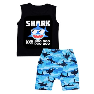 Mikeee_Niño niño niños de dibujos animados tiburón carta chaleco camiseta Tops+pantalones cortos conjunto