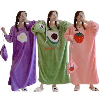hormiga coreana mujeres kawaii de gran tamaño camisón coral terciopelo invierno ocio pijamas lindo frutas bordado ropa de dormir con bolsa de almacenamiento