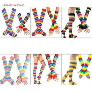 env mujeres arco iris rayas sobre la rodilla muslo calcetines altos calentador de brazo sin dedos guantes conjunto de disfraz de cosplay disfraz de fiesta (1)
