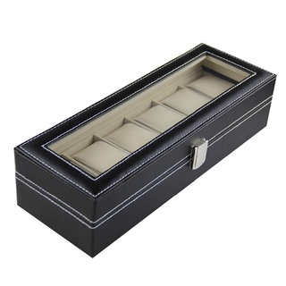 Moderno hombres caja de reloj 6 ranuras de cuero negro caja de exhibición de cristal superior de la joyería caso organizador de relojes de almacenamiento