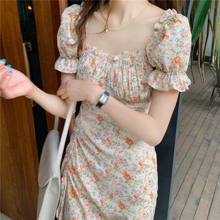 mujer floral impreso vestido largo cuello cuadrado corto puff manga alta cintura delgada estilo hendidura vestido para vacaciones de verano