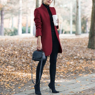 Mujer otoño e invierno Color sólido cuello de pie abrigo de lana (2)