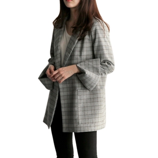 otoño mujeres cuadros oficina señora blazer moda arco fajas split manga chaquetas (7)