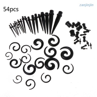 zjj 54 piezas de calibres kit de estiramiento de orejas 14g-00g negro acrílico espiral tapones cuerpo piercing conjunto de joyería unisex