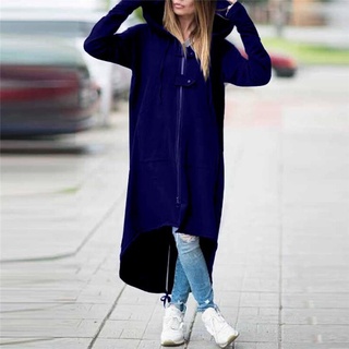 abrigo largo de las mujeres con capucha de manga larga con cremallera asimétrica dobladillo largo sudadera con capucha abrigo (3)