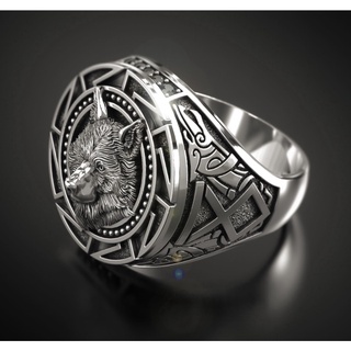 nuevo anillo retro de plata de lobo tailandés mitología nórdica vikingo guerrero lobo cabeza anillo de los hombres (2)