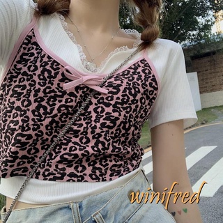 ✿Io✣Camisola de verano Sexy Midriff-baring, niñas creativo leopardo impresión arco decoración sin mangas espalda Top