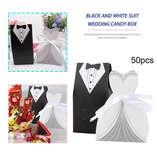 50 cajas de regalo de caramelo blanco y negro con cinta para favor de fiesta de boda