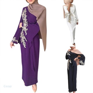 Gssyy Mujeres Musulmanas Dubai Abaya Llamarada De Manga Larga Maxi Vestido Floral De Encaje Abalorios Patchwork Turquía Hiyab Túnica Kaftan Oriente Medio Ropa Islámica