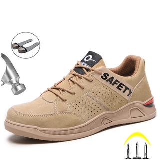 transpirable zapatos de seguridad de los hombres botas de cuero genuino puntera de acero botas de los hombres zapatos indestructibles a prueba de pinchazos zapatillas de deporte de trabajo