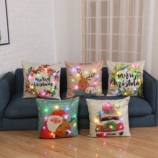 Colorida luz LED de navidad funda de almohada/plantas de dibujos animados de Santa Claus impresión de cojín de la funda de cojín de hogar sofá luminoso decorativo (1)