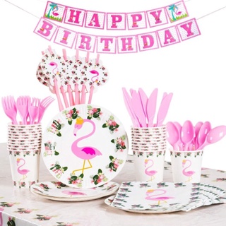 Flamingo tema desechable vajilla decoración conjunto bandera torta Topper plato paja bebé fiesta de cumpleaños necesidades