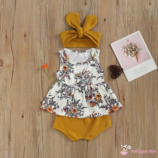BABYGARDEN-bebé niña conjunto de ropa de moda flor impresión Tops sin mangas y Color sólido pantalones cortos con diadema (1)